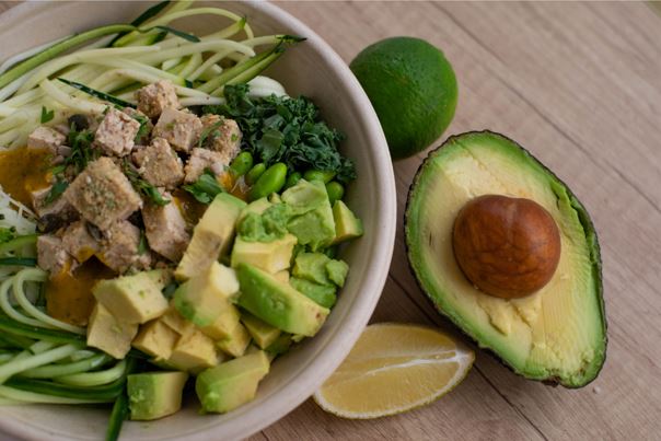 avocado and tofu in a bowl